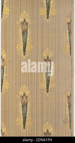 Sidewall, Maxwell & Co., S.A., Chicago, Illinois, USA, maschinenbedrucktes Papier, sich wiederholendes Tulpenmotiv auf langem Stiel mit Blättern. Tulip ist von einem Rahmen aus Goldtracery umgeben. Gedruckt auf gestreiftem, braunem Boden., USA, 1905–1915, Wallcoverings, Sidewall Stockfoto