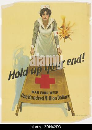 Halt Dein Ende! War Fund Week, W. B. King, Amerikaner, 1880–1927, American Red Cross, Washington, D.C., USA, Offset Lithographie auf Papier, Poster mit hellgelbem Hintergrund, auf dem eine Krankenschwester des Roten Kreuzes in der Mitte dargestellt ist, die ein Ende einer braunen Bahre hochhält und das andere Ende im Vordergrund zum Betrachter hin ausdehnt. Die Krankenschwester trägt eine weiße und grünlich-graue Uniform, mit einem Abzeichen um ihren rechten Arm gewickelt und einem Krankenschwester Hut auf ihrem kurzen braunen Haar - beide mit einem roten Kreuz vor einem weißen Hintergrund. Hinter ihr platzt eine Artilleriegranate in die Luft. Stockfoto