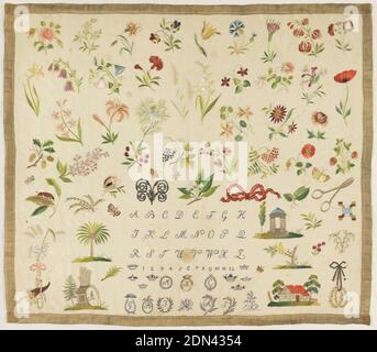 Sampler, Medium: Seide- und Metallgarn-Stickerei auf Seidenfundament Technik: Gestickt in Satin, Stiel, Knoten, Kreuz und Couchstich auf Leinwandfundament, verstreute Blumenmotive mit Alphabet unten und Nähwerkzeug rechts., Österreich, 19. Jahrhundert, Stickereien & Stitching, Sampler Stockfoto