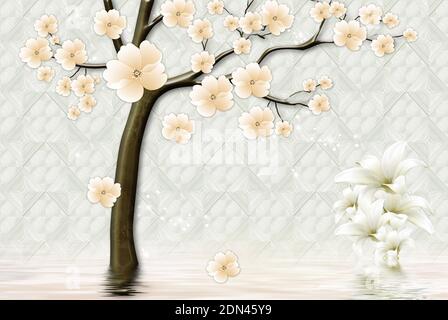 3d Fototapete dunkelbraun Baum mit Blumen. Weißer klassischer Hintergrund Stockfoto