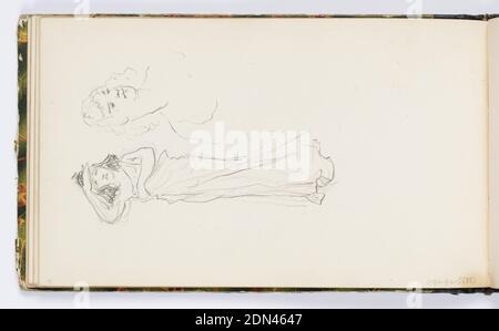 Skizzenbuch Seite: Stehende Figur und Büste, Kenyon Cox, Amerikaner, 1856–1919, Graphit auf Papier, links stehende weibliche Figur, frontal gesehen, mit einem drapierten Gewand über einer Schulter. Ihr linker Arm ist über ihrem Bauch, ihre rechte Hand über ihren Augen, als ob sie suchen würde. Rechts Skizze des Kopfes und der Schultern einer Frau mit Blick nach rechts., USA, 1875, Alben (gebunden) & Bücher, Skizzenbuch Folio, Skizzenbuch Folio Stockfoto