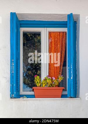 Colorful Frame. A 'classic' Mediterranean house window painted in vibrant blue on a white-washed wall. A potted small plant and vivid orange curtain a Stock Photo