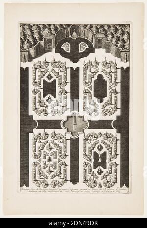 Titelblatt, aus Nouveaux Livre de Parterres (Neues Buch der Gartenbeete), Daniel Marot, Französisch, aktiv in den Niederlanden und England, 1661–1752, Pierre Husson, Radierung und Gravur auf weißem Papier, Landschaftsarchitektur für Garten., ca. 1700, Architektur, Print Stockfoto