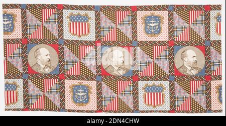 Textile, Medium: cotton Technique: printed, Printed patchwork fragment has the image of President James A. Garfield and alternating shield flags patterned with either stars and stripes or an anchor with stars. Remaining quadrants have a printed patchwork design and are divided into eight equal triangles filled with four different patterns. This particular image of Garfield in profile wearing a white shirt and dark jacket and tie is based on a photograph from the Pach Brothers photography studio of New York and was widely circulated around the United States., USA, 1880, printed, dyed & painted Stock Photo