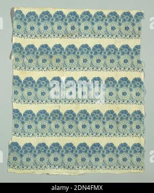 Textil, Medium: Baumwolle Technik: Gedruckt auf Leinwandbindung, Serie von Bordüren mit blauen Blumen., England, 1840er Jahre, bedruckte, gefärbte & bemalte Textilien, Textil Stockfoto