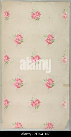 Deckenpapier, Standard Wall-Paper Company, Standard Wall-Paper Company, Pittsburgh, Pennsylvania, maschinenbedrucktes Papier, flüssiges Glimmer, Rosa Blumensträuße mit weißen Glimmerblättern. Der Boden ist weiß. Gedruckt in Grün, Rosa und weißem Glimmer., USA, 1905–1915, Wandverkleidungen, Deckenpapier Stockfoto