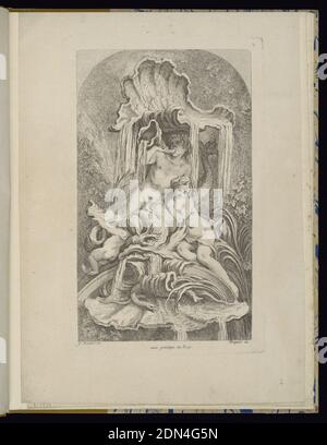Tafel 2, Receuil de Fontaines (Sammlung der Brunnen), François Boucher, französisch, 1703 – 1770, Gabriel Huquier, französisch, 1695–1772, Gabriel Huquier, französisch, 1695–1772, Gravur auf Papier, Folio 2, Tafel 2 einer Serie von 7. Design für einen Brunnen. Rokoko marine Design mit Figuren von triton, Nymphe, Putti und Schlange dargestellt mit einer großen Schale oben und unten, die dazu dienen, Wasser zu fangen. Grotto Gartenlandschaft im Hintergrund angegeben., Paris, Frankreich, 1736, Alben (gebunden) & Bücher, gebundener Druck, gebundener Druck Stockfoto