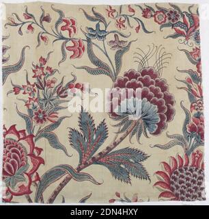 Chintz-Fragmente, Medium: Baumwolltechnik: Beizmittel für Rot, Violett, Schwarz und Braun mit Stift und Pinsel (manchmal über Resist) aufgetragen; Blau über Resist aufgetragen; Gelb über blau (Chintz) auf Leinwandbindung aufgetragen, vier Fragmente eines größeren Entwurfs aus exotischen Blüten, Baumstämmen und Vögeln auf weißem Grund., Indien, 18. Jahrhundert, bedruckte, gefärbte und bemalte Textilien, Chintz-Fragmente Stockfoto