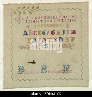 Sampler, Dalila Bracali, Medium: Seidenstickerei, Baumwollfundament Technik: Kreuzstich auf Leinwandbindung, Alphabete, Zahlen und Signatur innerhalb einer unvollendeten Blumengrenze., Italien, 19. Jahrhundert, Stickereien & Stitching, Sampler Stockfoto