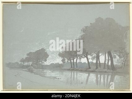 Kanalszene bei Brügge, Belgien, William Stanley Haseltine, Amerikaner, 1835–1900, Pinselspitze, grau, blau-grau und schwarz wäscht, weiße Gouache, Graphit, möglicherweise Kohle auf blaugrauem Wove-Papier, auf Illustrationstafel gelegt., Ansicht des Grachtenschneidens durch flaches Ackerland von rechts vorne, links Mitte, nach rechts Abstand. Hohe Bäume umsäumen den Kanalrand, ihr Laub zeigt zwei Bauernhäuser. Der Mond ist hoch am Himmel., USA, 1875–80, Landschaften, Zeichnung Stockfoto