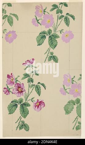 Design für bedruckten Stoff, Stift, Pinsel und schwarze Tinte, Gouache auf Papier, Tulpenblume mit floralen Motiven und schwarz gepunktete Zweige mit Blumen sind auf einem olivischen Boden abgebildet., Frankreich, 1820–40, Textildesigns, Zeichnung Stockfoto