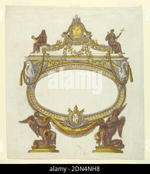 Altartafel mit den Armen von Papst Pius VII., Luigi Righetti, Italienisch, 1780 - 1819, Papst Pius VII., Italienisch, 1742 - 1823, Stift und schwarze Tinte, Pinsel und grau, braun, gelb waschen, über Graphit auf weißem Papier gelegt, Vertikales Rechteck. Entwurf für die Altartafel; ovaler Rahmen mit dem Wappen von Papst Pius VII. Unten, unterstützt von zwei knienden Engeln, die ein Tuch halten. Oben ein Giebel mit Adlern, die Girlanden unterstützen. Auf dem Giebel sitzen allegorische Figuren der Kraft und des Glaubens, die jeweils den Kelch des Heiligen Abendmahls und das Kreuz halten. Stockfoto