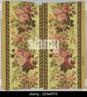 Border, Machine-printed paper, Variety of flowers and wheat shafts forming wavy central band, between narrow band of twisted ribbon. Printed two across on yellow background. Ocher ground., USA, 1879–87, Wallcoverings, Border Stock Photo