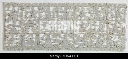 Panel, Medium: linen Technique: grid of withdrawn element work with needle lace, reticella style, Panel of reticella, with the grid creating three rows of biblical scenes, one being Judith and Holofernes., Spain or Portugal, ca. 1600, lace, Panel Stock Photo