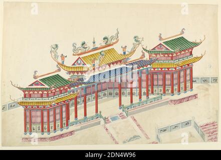 Design for a Chinese Pavilion, Frederick Crace, Englisch, 1779–1859, Pinsel und Aquarell auf Papier, horizontales Rechteck. Eine große Struktur, mit Spalten als Stützelemente auf dem Abschnitt sichtbar. Das Gebäude ist in drei Abschnitte unterteilt, die jeweils separat überdacht sind: Zwei geschlossene Flügel und eine zentrale offene Veranda. Die Struktur befindet sich auf einer Terrasse, mit Rampen und Treppen, die zu ihr führen. Treppe rechts., Originalalbum zu dieser Sammlung noch vorhanden. Siehe 1948-40-1 Zubehör, England, 1815–22, Architektur, Zeichnung Stockfoto