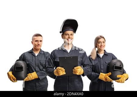Team von Schweißer in Uniformen isoliert auf weißem Hintergrund Stockfoto
