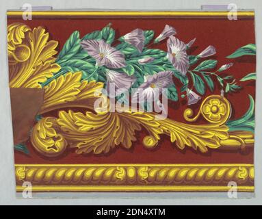 Border, Block-gedruckt, beflockt, Purple Morning Glories und scrollende Akanthus Blätter. Das Motiv mit verdrehtem Kabel verläuft am unteren Rand entlang. Gedruckt auf tiefrotem Flockhintergrund., Frankreich, 1840er Jahre, Wallcoverings, Bordüre Stockfoto