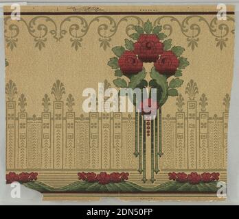 Frieze, Standard Wall-Paper Company, Standard Wall-Paper Company, Sandy Hill, New York, maschinenbedrucktes Papier, Cluster von drei großen roten Rosen in grünen Blättern, mit einer roten Blume an der Basis. Reihen von fünf roten Blüten, die durch welliges Grün miteinander verbunden sind. Olivgrüne Grütze und Geißblatt-Motiv. Alles auf strukturiertem beigefarbenem Boden., Sandy Hill, New York, USA, 1900, Wallcoverings, Frieze Stockfoto