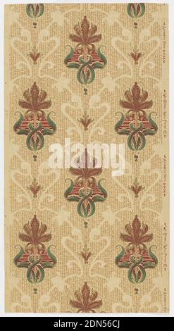 Seitenwand, W. Campbell & Co., maschinenbedrucktes Papier, flüssige Glimmer, Jugendstil-Design, stilisierte Tulpe und Laub bilden ein sich wiederholendes Motiv. Florale Motive werden durch scrollende Blattrahmen getrennt. Gedruckt in braun, dunkelrot und grün auf braunem Boden., Hackensack, New Jersey, USA, 1905–1915, Wallcoverings, Sidewall Stockfoto