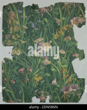 Seitenwand, Blockdruck, auf grünem Boden, durchgehender Graseinlauf mit Lavendel, gelben und rosa Wildblumen., England oder Frankreich, 1875–1900, Wallcoverings, Sidewall Stockfoto