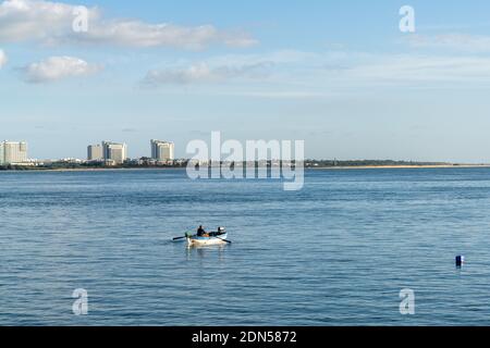 Setubal, Portugal - 17 December, 2020: fisherman checking his traps and catching octopus near Setubal on the Sado River Estuary Stock Photo