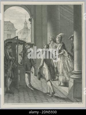 Les Précautions (die Vorsichtsmaßnahmen), aus Le Monument du Costume, Pietro Antonio Martini, italienisch, 1738–1797, Jean-Michel Moreau le Jeune, (französisch, 1741–1814), Radierung auf weißem Papier steigt EINE reich getrachte Dame eine Treppe im Profil hinab und bereitet sich darauf vor, direkt vor ihr einen Sänfte zu betreten. Ein Mann im mittleren Vordergrund steht ihr gegenüber und greift nach ihrer Hand. Ein paar andere elegant gekleidete Männer sind um sie versammelt. Im Hintergrund ist die Kuppel der Kirche Mariä Himmelfahrt in der Rue Saint-Honoré, Paris zu sehen., Frankreich, 1777, Abbildungen, Drucken Stockfoto