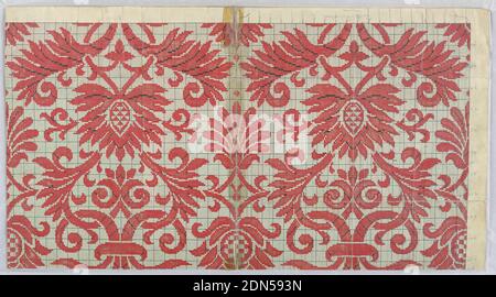 Textile, Medium: silk, cotton, paper Technique: jacquard woven, A. Flowers, stems and leaves in a 17th Century-inspired design. Red on gold and red background. B. Drawing for the design on point paper., USA, 1906, woven textiles, Textile Stock Photo