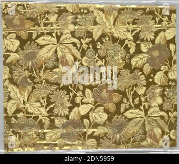 Seitenwand, Maschinendruck, Design im ästhetischen Stil. Ganzstufige Blättermotiven und Blumenmuster. Gedruckt in Metallic-Farben auf hellem Goldgrund., USA, 1880–90, Wallcoverings, Sidewall Stockfoto