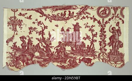 Textil, Jean-Baptiste Marie Huet, (französisch, 1745–1811), Medium: Baumwolle Technik: Kupferstich auf Leinwandbindung, drei Fragmente, die zusammen eine Wiederholung von "La Liberte Americaine", auch bekannt als "Franklin Peace Medal", bilden. Design besteht aus Blattrollen, die den Stoff in zwei pastorale Szenen mit Urnen, Blumenkörben, Affen, Füchsen und zwei Medaillons der Friedensmedaille von Benjamin Franklin teilen., Jouy, Frankreich, 1785–1790, bedruckte, gefärbte und bemalte Textilien, Textil Stockfoto