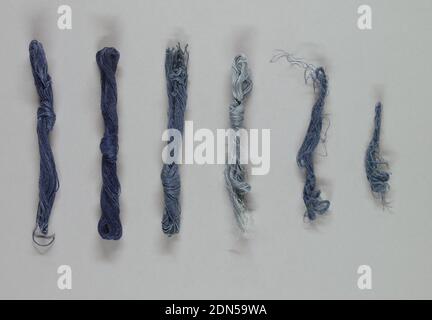 Skeins of yarn, Medium: linen, Five skeins of yarn in various shades of blue. Yarn purchased from a Scottish supplier and indigo-dyed by members of the Society., ca. 1910, appliances & tools, Skeins of yarn Stock Photo