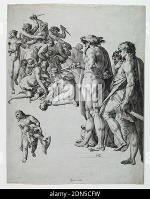 Massaker der Unschuldigen, Hendrik Goltzius, Niederlandisch, 1558 – 1617, Claes Jansz. Visscher, Niederländisch, 1550 - 1612, Gravur auf Papier, Niederlande, ca. 1585-86, Drucken Stockfoto