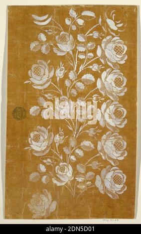 Design für eine gestickte oder gewobene horizontale Grenze, der 'Fabrique de St. Ruf', unvollendet, Fabrique de Saint Ruf, Lyon, Frankreich, Pinsel und weiße Gouache auf glasierten Pauspapier auf Papier geklebt, EINE Rose Girlande. Etwas mehr als drei Wiederholungen werden gezeigt., Frankreich, 1805–1815, Zeichnung Stockfoto