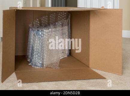 Humorvolles Foto eines kleinen verpackten Produkts, das von einer Blase umgeben ist In einen großen, fast leeren Lieferkarton einwickeln Stockfoto