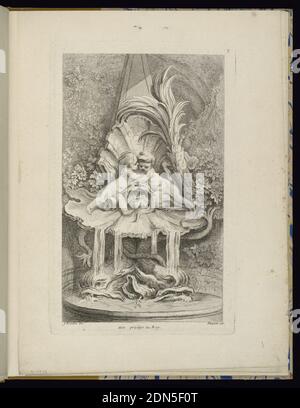 Plate 3, Receuil de Fontaines (Collection of Fountains), François Boucher, French, 1703 – 1770, Gabriel Huquier, French, 1695–1772, Gabriel Huquier, French, 1695–1772, Engraving on paper, Folio 3, plate 3 of a series of 7. Design for a fountain. Rococo fountain design with one putti and one young triton embracing within an open shell. Sea creatures at the base of the fountain below., Paris, France, 1736, albums (bound) & books, Bound print, Bound print Stock Photo