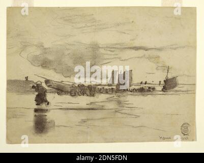 Beach at Low Tide, Cullercoats, England, Winslow Homer, Amerikaner, 1836–1910, Holzkohle auf Papier, Horizontale Ansicht eines Strandes bei Ebbe mit kleinen Booten, die im Hafen stehen und einem Boot, das mit einer Kutsche befahren wird., USA, 1881, Seascapes, Zeichnung Stockfoto