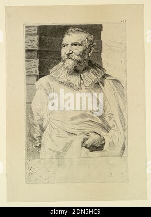 Porträt von Adam van Noort, aus dem Icones Principum Virorum, Anthony van Dyck, Niederlandisch, 1599 – 1641, Radierung auf cremeweißem Papier, Porträt eines bärtigen Mannes, Adam van Noort (1562–1641), frontal zugewandt, Kopf nach links gedreht. Seine linke Hand ist sichtbar und hält die Falten seines Mantels. Hinter der Figur links ist ein Pfeiler oder ein Mauerabschnitt zu sehen., Niederlande, 1630–1640, Portraits, Print Stockfoto