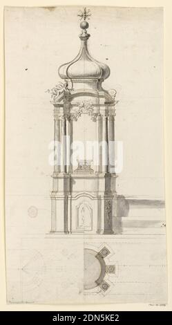 Projekt für ein Tabernakel für die Ausstellung der Monstranz mit alternativen Vorschlägen, Bleistift, Stift, Tinte, Pinsel und graue Wasserfarbe auf Papier, Vertikale Komposition eines Tabernakels in Form eines kreisförmigen Turms, der auf der mensa über und zwischen den Stufen steht. Unten ist eine Basis mit einer Tafel vorne mit der Darstellung von Kelch und Wirt; dann kommt ein Fries, und eine aedicula mit Öffnungen vorne und hinten. Säulen tragen hervorstehende Teile der Entabulatur. Die Kuppel oben ist zwiebelförmig. In der Aedicula steht ein Sockel mit Cherubim. Im Folgenden finden Sie den Plan und sein geometrisches Schema Stockfoto