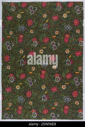 Textil, Medium: Baumwolle Technik: Mader Farben (rot, schwarz) Block gedruckt, gelb und blau mit Pinsel auf Leinwandbindung aufgetragen, Allover-Muster von bunten Blumen und massierten feinen Blattzweigen auf schwarzem Hintergrund., Jouy, Frankreich, 1790er, bedruckte, gefärbte & bemalte Textilien, Textil Stockfoto