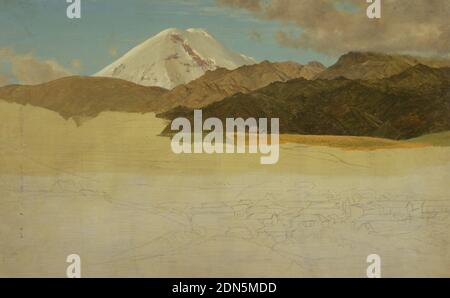 Mount Chimborazo and Guaranda, Ecuador, Frederic Edwin Church, Amerikaner, 1826–1900, Pinsel und Ölfarbe über Graphit auf cremefarbenem Karton, schneebedeckter Gipfel steigt im Hintergrund hinter mehreren niedrigen Bergen. Wolken oben rechts. Unvollendete Graphitskizze des Stadtabschnitts (identifiziert als Guaranda, Ecuador) mit der Kirche unten skizziert, von einem Hügel aus gesehen., Ecuador, USA, Mai oder Juni 1857, Landschaften, Zeichnung Stockfoto
