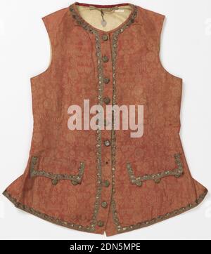 Waistcoat, Medium: silk, metallic thread Technique: woven, bobbin lace, Collarless and sleeveless waistcoat in an orange-red patterned silk with metallic bobbin lace appliqué and metal buttons. Slightly pointed pocket flaps. Possibly made for fancy dress., 19th century, costume & accessories, Waistcoat Stock Photo