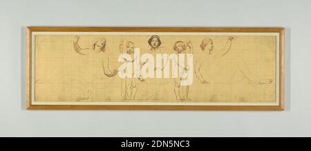 The Common Law, Study for Left Panel of 'The Reign of Law', Frieze for Appellate Court, New York, Kenyon Cox, American, 1856–1919, Pinsel und Braunwäsche, roter Bleistift, Graphit auf Leinwand, die zentrale allegorische Figur stellt das Gericht dar und gibt ein Urteil ab. Ihre Anhänger auf beiden Seiten tragen die Faszzen. Die allegorischen Figuren zu beiden Seiten repräsentieren Equity, Holding Skalen, und Tradition, hält eine endlose Kette. Die Kreise in den Ecken schlagen vor, wo Kränze in der endgültigen Zusammensetzung platziert werden sollten. Quadratisch für Transfer., USA, USA, 1898, Wandbilder, Zeichnung Stockfoto