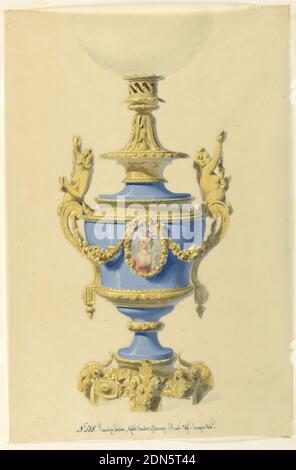 Design für eine Öllampe., Bleistift, Pinsel und Tinte, Aquarell, Temperafarben auf Tastung Papier, nach unten gekippt., der Körper der Lampe ist eine blaue Porzellanvase mit einem zentralen Feld in Form eines ovalen containg ein Büste Länge Porträt einer Frau. Das Porträt ist in einem bronzenen Rahmen eingeschlossen, flankiert von Girlanden, die an die bronzenen Griffhalterungen gebunden sind. Bronze-Sockel und Halterung oben mit einer Glaskugel (teilweise abgebildet). In der unteren Mitte: Nr. 518. Lampe 'Cares' Pate tendre und Bronze. haut. 74c largeur 40c.' (Eingeschrieben.), Frankreich, ca. 1855, Beleuchtung, Zeichnung Stockfoto