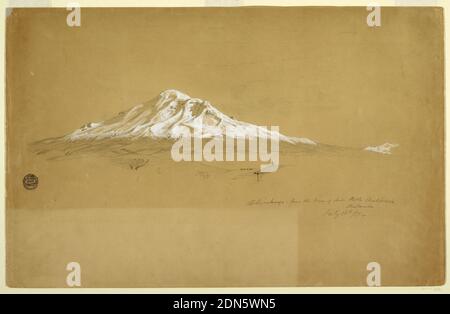 Mount Chimborazo aus dem Haus des älteren Pablo Bustamante, Riobamba, Ecuador, Frederic Edwin Church, American, 1826–1900, Graphit, Pinsel und weiße Gouache auf Büffelpapier, Vertikale Ansicht des schneebedeckten Mount Chimborazo, der in weiter Ferne aufsteigt, von oben gesehen, mit Kreuz unten rechts im Vordergrund., Ecuador, Südamerika, 14. Juli 1857, Landschaften, Zeichnung Stockfoto