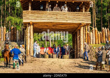 Cedynia, Poland June 2019 Historical reenactment of Battle of Cedynia, governor and other officials cutting ribbon and opening new wooden fort Stock Photo