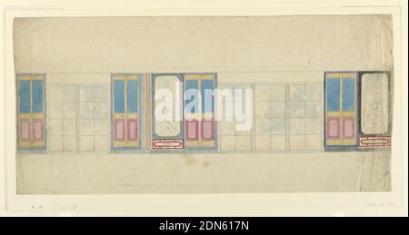 Design for Window Wall Decoration, possibly for Library, Royal Pavilion, Brighton, Frederick Crace, Englisch, 1779–1859, Pinsel und Aquarell, Graphit auf Papier, Höhe einer langen Wand, mit einem Paar Fenster links und einer Gruppe von drei rechts. Schmale Paneele mit neutralen Feldern, sowie Paneele mit chinesischen Szenen dazwischen. Paneele über Fenstern und Gesims oben nicht ausgefüllt., England, 1815–22, Architektur, Innenräume, Zeichnung Stockfoto