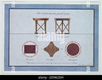 Design für zwei kleine Frühstückstische, Angelo Mezzetti, Italienisch, Stift und schwarze Tinte, Pinsel und Aquarell, Goldfarbe auf weißem Papier, mit blauem Papier ausgekleidet, Blatt von Designs für einen Tisch horizontal in zwei Teile geteilt. Am oberen Teil eine Höhe (links) und ein Abschnitt (rechts) eines Tisches mit vier Beinen, verbunden durch gekreuzte Leiste. Runder Holzrahmen mit runder Marmorplatte. Beschriftung unter jeder Höhe und Sektion. Am unteren Teil befinden sich drei Renderings: Eine runde Marmorplatte mit eingravierten Rechteck (links); ein Plan des oberen Holzrahmens mit einer roten horizontalen Linie Stockfoto