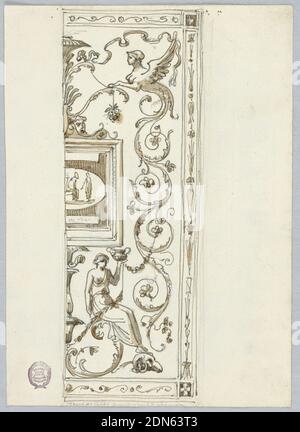 Projekt für eine Wanddekoration, Graphit, Stift und Tinte, Pinsel und Sepia auf Papier, rechte Hälfte einer gerahmten Tafel mit Grotesken. In der Mitte, links ist eine teilweise Tablette mit Figuren., Italien, Ende des 18. Jahrhunderts, Ornament, Zeichnung Stockfoto