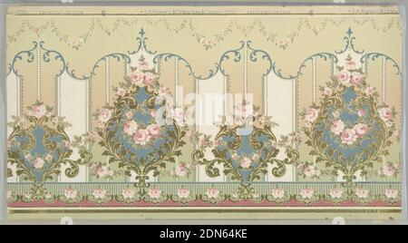 Frieze, Machine-printed paper, mica flakes, Flitter frieze with large floral medallion alternating with smaller floral medallion. Each contains rose swags. Printed on broad striped background, with scrolling foliate band and petite rose swags across top edge., USA, 1905–1915, Wallcoverings, Frieze Stock Photo