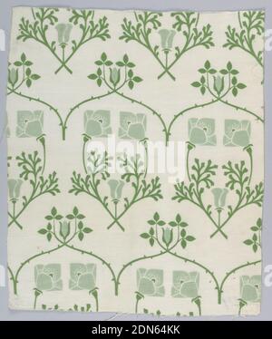 Textile, Arthur Wilcock, Medium: Cotton Technik: Rollerdruck, Duplex, stilisiertes Flachmuster in zwei Grüntönen auf schlichtem weißen Grund; gegenübersitzende Mohnblumen umschließen Distel und werden von einem Bogen aus dornigen Rosenzweigen gekrönt, die in Blättern und Rosenknospen enden., England, ca. 1890, bedruckte, gefärbte & bemalte Textilien, Textil Stockfoto