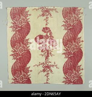 Textile, Medium: cotton Technique: relief printed on plain weave, Twising columns with a trophy of flowers in the center. In three shades of red on white., France, ca. 1780, printed, dyed & painted textiles, Textile Stock Photo